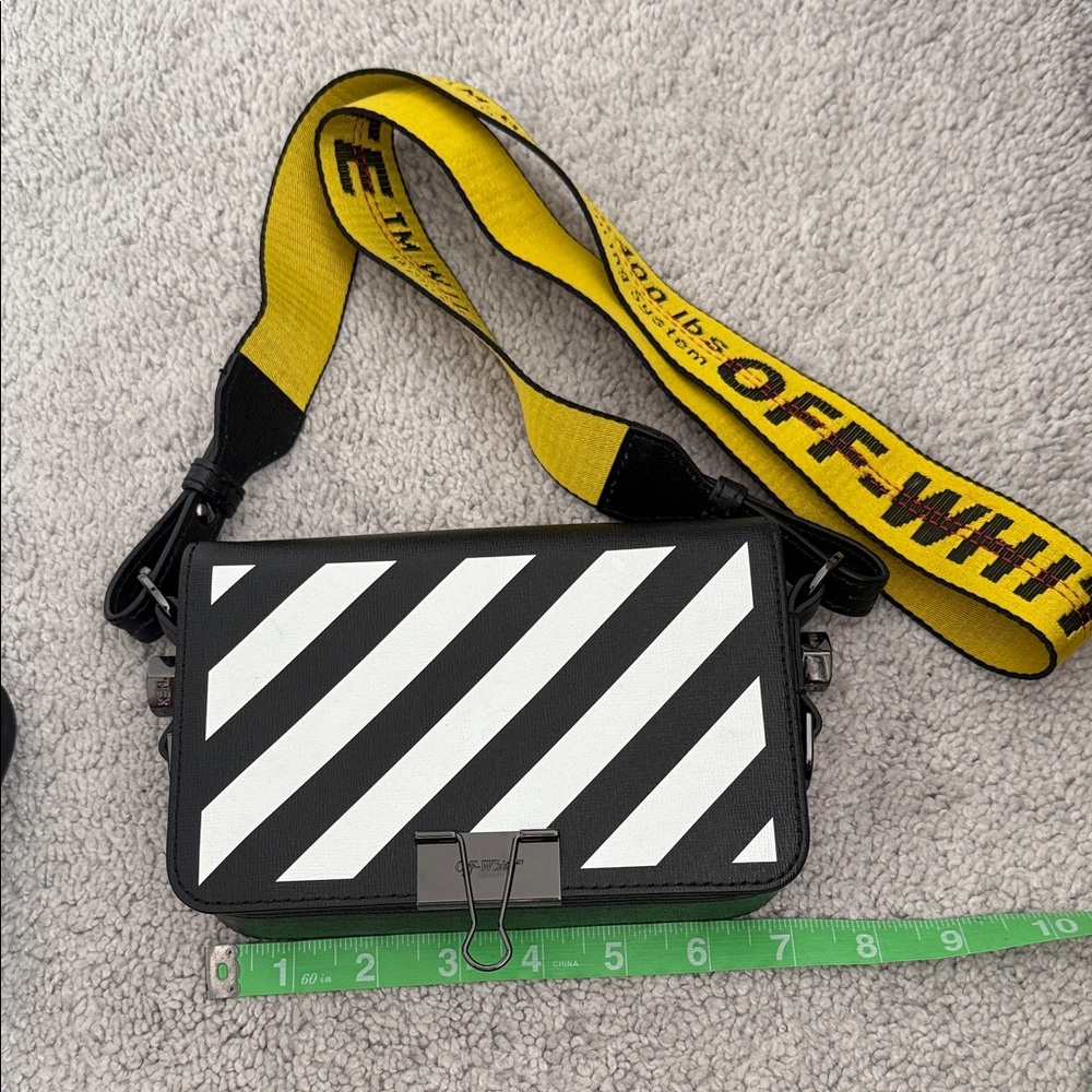 Off-White Diagonal Stripe Messenger Bag with Yellow Strap